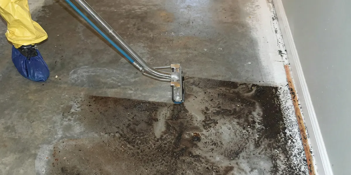 sewage removal technicians extracting contaminated wastewater from a residential floor in Miami, FL